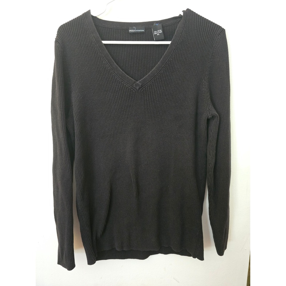 Vintage Y2K Victorias Secret Moda International Black Ribbed V-Neck Sweater XL